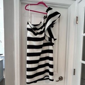 Eloquii Black and White Stripe One Shoulder Ruffle Dress